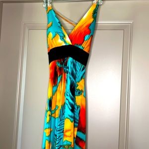 Summer maxi dress size small, halter top with vibrant colors- orange, aqua
